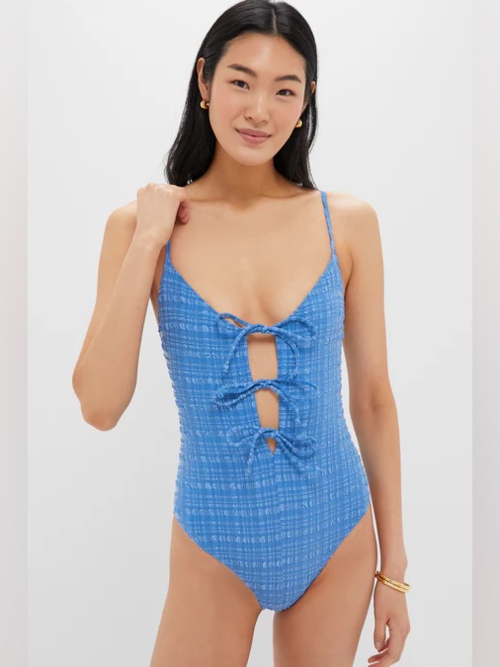 Tuckernuck Lisa Marie Fernandez Blue Seersucker Tie Front One Piece Swimsuit
